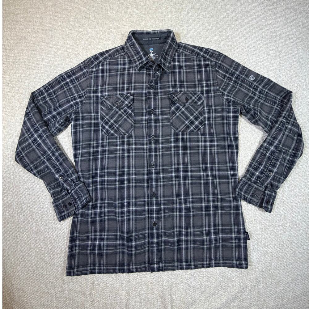 Kuhl Men's Med Outdoor Hiking Plaid Gray Black Long Sleeve Work Casual Shirt